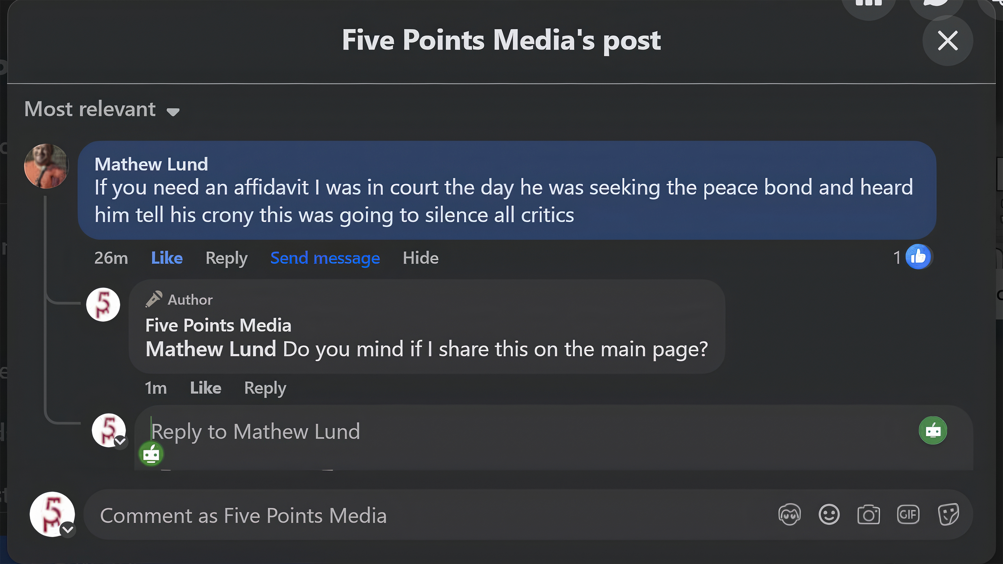 If you need an affidavit I was in the court the day he (Nuttall) was seeking the peace bond and heard him tell his crony this was going to silence all critics.