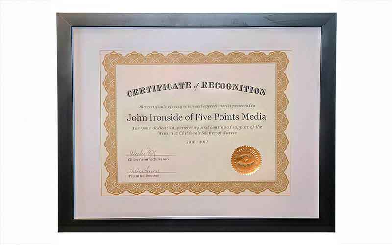 Our contributions award from the Women and Children's Shelter.