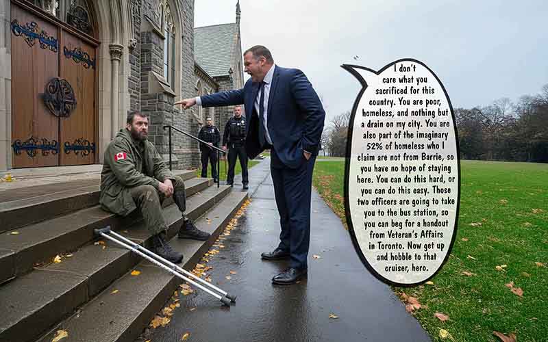 At the ceremony, Alex Nuttall supports veterans, and then evicts them.